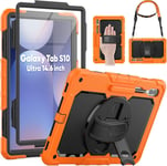 Coque Pour Galaxy Tab S9 Ultra (Sm-X916b/X910n) 14,6"" 2023, Étui Robuste Avec Support, Bandoulière, Dragonne Et Protecteur D'écran Pour Tablette Samsung S9 Ultra, Orange[Coq102037]