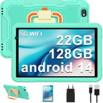 Tablette enfants 10 pouces, tablette Android 14 avec 5G Wifi, 22 Go RAM + 128 Go ROM | Contrôle parental | 8000 mAh | Octa Core | 5 + 8 MP | Protection en EVA antichoc + Support pivotant à 360° - Vert