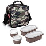 Tatay Sac Isotherme Repas, Capacité 3 L, Avec 4 Boîtes Hermetiques en Plastique (2 x 0,5 L, 2 x 0,2 L) Sans BPA, Camouflage. Mesure 22,5 x 10 x 22 cm