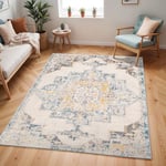 Surya Orlando Tapis Vintage - Tapis de Salon, Salle à Manger, Chambre, Cuisine - Tapis Boheme Chic, Design Traditionnel Oriental Multicolore, Tapis Coloré Poil Court 200x274cm - Bleu, Moutarde, Beige