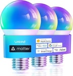 Linkind Matter Smart RGBTW Bulb, E27 Smart Bulb, Smart LED Light Bulbs Screw, 9W, 806lm, Smart Led Bulb with Music Sync,Works with Apple Home/Siri/Google Home/Alexa/SmartThings, 3 Pack