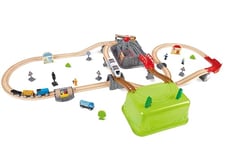 Sustainable Wood Toy Train, Hape Railway Bucket 50-piece Builder Set With Railway Tracks, 1 Railwayman, 1 Signal Box, 1 Truck, 1 Crane. 3 years +