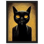 Doppelganger33 LTD Black Cat Le Chat Noir Modern Mustard Artwork Framed Wall Art Print A4