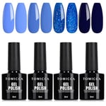 TOMICCA Vernis Semi Permanent Bleu Set, 4 Couleurs Bleu Clair Bleu Océan Bleu Paillettes Vernis à Ongles, Soak-Off UV/LED Vernis Gel UV Cadeau pour Studio de Manucure DIY Home, 8ML