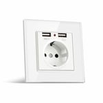 Commutateur de prise double USB 86 * 86 PC Panneau de verre Eu Allemagne France Prise murale Smart Home Series Switch, EU Plug (Allemagne), Blanc