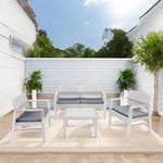 Dmora - Ensemble de salon d'extérieur Carpi, Composition de jardin avec 2 fauteuils, 1 canapé et 1 table basse, Salon effet rotin avec coussins, 100% Made in Italy, Blanc