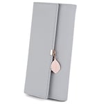 UTO Portefeuille Femme Filles Longue Porte-Monnaie à glissière Feuille Pendentif Cuir Synthétique Gris