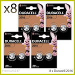 8 x Duracell CR2016 3V Lithium Coin Cell Battery 2016 DL2016 BR2016 Longest Exp