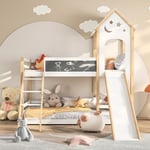 Lit superposé enfant 90x200 cm,lit mezzanine 2 places,lit toboggan avec escalier,garde-corps et tableau noir,lit cabane,bois pin massif, blanc et