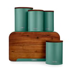 Tower T826140JDE Scandi 5 Piece Acacia Wood Storage Set with Bread Bin, Biscuit Barrel, Canisters, Jade