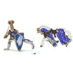 Papo-Lot de 2 Figurines - Collection Médieval - Fantastique - Maître des Armes cimier Bélier + Cheval du maître des Armes cimier Bélier