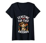 Womens Feasting With Fur-Ever Friends, Dog Design, Friendsgiving V-Neck T-Shirt