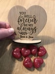 Wooden Valentine’s Day you will forever be my always personalised card engraved gift + 6 heart shaped candle wax melts strawberry scented girlfriend boyfriend