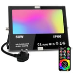 Jayool LED Floodlight Outdoor 50W 5000LM, Flood Lights Colour Changing, 120 RGB Colours- Warm White-Timing-Remote Control - 5 Modes, IP66 Waterproof, UK 3-Plug (1 Pack)