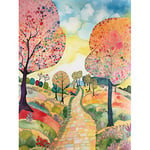 Artery8 Countryside Path With Blooming Flowers And Trees Folk Art Landscape Watercolour Painting Extra Large XL Wall Art Poster Print