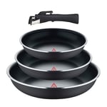 BERGNER CLICK&COOK - Set 4 Pcs Poêles en Alu pressé avec poignée amovible et point de chauffe - ILAG Essential - Anthracite - Compatible induction