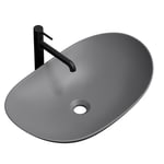 EMKE Lavabo à Poser Ovale 61.5 × 36 × 15.5 cm, Lavabo en Céramique pour Salle de Bain et WC Invités, Mini Lavabo Petit, Gris Mat