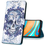 MRSTER Coque pour Xiaomi Poco X3 NFC, Etui Nouveau 3D Effet Cuir PU+TPU Silicone Carte Antichoc Support Portefeuille Magnétique Créatif Housse pour Xiaomi Poco X3 NFC. YB Blue Skull