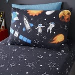 Kids Planets Space Rockets Glow In The Dark Navy Blue Pair Pillowcases