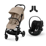 Cybex Gold Poussette Beezy avec Harnais One-Pull, de la Naissance à environ 4 ans (max. 22 kg), Almond Beige, inclus Beezy Adapter et CYBEX Cloud G i-Size, Moon Black