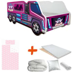 Pack complet Lit camion poney rose Lit +sommier+Matelas & Parure+ Couette+ Oreiller - 70 x140 cm