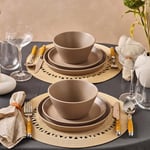 Karaca Mirum Stoneware Dinner Sets for 6 People - 12 Pieces Plates and Bowls Set - Brown Kitchen Crockery Set