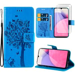 Oududianzi-Coque pour Samsung Galaxy A33 5G [2X Verre Trempé] Étuis Rabat Folio Protection Housse Cuir PU Portefeuille Silicone TPU Case [Fermeture Magnétique][Emplacements Cartes][Stand Feature]-Bleu