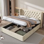 Lit coffre, lit capitonné double, fonction hydraulique, velours, beige - 160x200 cm, sans matelas