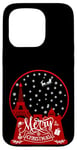 Coque pour iPhone 15 Pro Joyeux Noël Paris horizon dans la boule à neige scintille