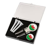 WALES GOLF GIFT BOX SET BY ASBRI. CRESTED DIVOT TOOL, GOLF BALL MARKER AND 3 GOLF TEES