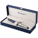 Waterman Expert Fountain Pen | Metal & Blue Lacquer | Chiselled Cap | Stainless Steel Fine Nib | Blue Ink | Gift Box