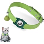 AirTag Katt Halsband, Justerbart Läder Gps Katt Halsband för Pojkar Flickor Katter Valpar med AirTag Hållare och Klocka Green