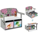 COSTWAY 3 en 1 Banc de Rangement Convertible avec 2 Bacs en Tissu Amovibles, Table Enfants avec Chaise et Motif d’Animaux, Coffre à Jouet pour Lire