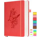 Lined Notebook Journal for Women, 312 Numbered Pages A5 Thick Leather Journal, 100gsm Paper Daily Journal for Work Travel, Hardcover College Ruled Notebook, Giftable Butterfly Floral Notebook, Red