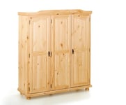 Inter Link – Armoire penderie rustique – Armoire de chambre 3 portes – 1 penderie et 5 niches – Armoire en pin massif – Vernis naturel - L :150 x P :56 x H:180 cm – Bern