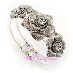 Textured Open Rose Flower Floral Silver Hinged Cuff Bangle w/ Swarovski Crystals