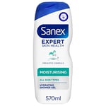 Sanex Expert Skin Health Moisturising Shower gel 570ml, body wash for men & women, gently cleanses, hydrates & softens skin, 12h hydration, advanced prebiotic complex formula, vegan