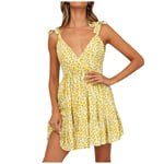 Dress For Woman Uk,Women's Casual Comfortable High Waist V-Neck Small Floral Buckle Camisole Dress Yellow,Ladies Dress For Valentine Easter