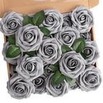 Konstgjorda blommor Rosor, förpackning med 25 dekorativa blommor falska rosor med stjälkar DIY bröllopsbuketter Brud heminredning grå Gray