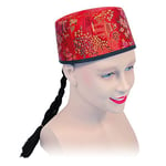 Bristol Novelty BH442 Chinese Mandarin Hat Fabric and Plait, Unisex-Adult, Red & Black, One Size