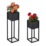 Relaxdays Porte-Pots de Fleurs, Lot de 2, métal, 2 Tailles, avec Structure, Salon, Support Plantes rectangulaire, Noir