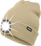 ATNKE LED Bonnet Lampe Frontale,USB Rechargeable Chapeau de Course Ultra Lumineux 4 LED Étanche Lumière Hiver Chaud Phare Cadeaux pour Hommes et Femmes/Beige