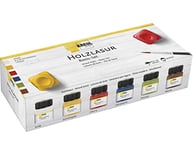 Kreul 78500 - Kit de lasure Acrylique pour Bois aux Couleurs intenses, 6 x 20 ML de Peinture en Blanc, Jaune Soleil, Cerise, Outremer, Pistache, Marron et Pinceau pour Bois Naturel Non traité