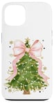 Coque pour iPhone 13 Coquette rose avec nœud en ruban et sapin de Noël vert pour fille