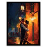 Dancing In The Street Light Oil Painting Orange Blue Lovers On A Date Night Out In Town First Kiss Bedroom Art Art Print Framed Poster Wall Decor