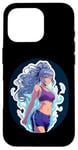 Coque pour iPhone 16 Pro Fille de style anime et manga aux cheveux bleus en tenue de sport