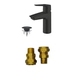 GROHE Start & UK Adaptors - Smooth Body Basin Mixer Tap with Push-Open Pop-Up Waste Set (28mm Ceramic Cartridge, Energy and Water Saving Technology, Tails 3/8 Inch), Size 165mm, Matt Black, 235512432