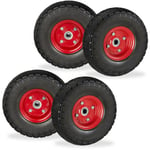 Relaxdays - Roue de diable Set de 4 en caoutchouc 260x85 mm, increvables, 16 mm, 4.1/3.5-4 essieu, jusqu'à 150 kg, noir/rouge