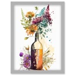 Spring Wildflower Bouquet in a Glass Wine Bottle Artwork Framed Wall Art Print A4