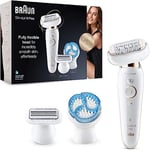 Braun Silk-épil 9 Flex Epilator With Flexible Head for Easier Hair Removal, Electric Shaver & Trimmer, Exfoliator, Pressure Guide, Wet & Dry, UK 2 Pin Plug, 9-010, White/Gold